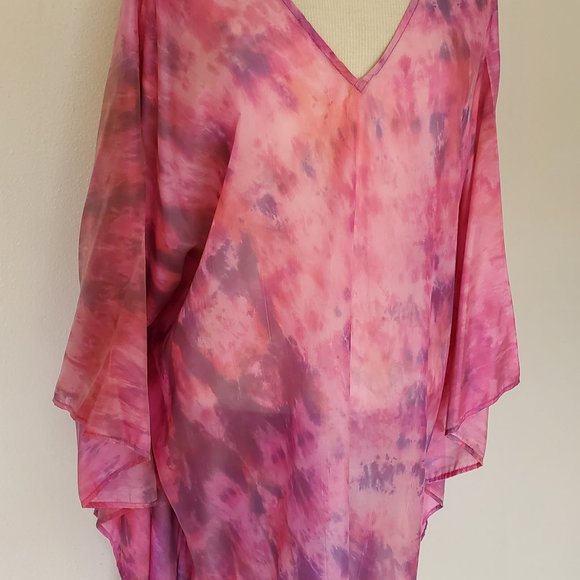 Silk Caftan Kaftan beach coverup resortwear midi S M L XL pink purple tie dyed - Picture 2 of 10